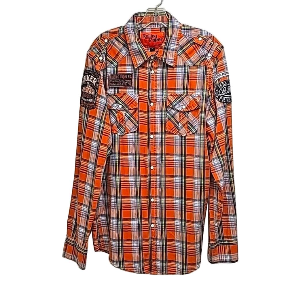 Rolling Paper Mens 100% Cotton Western Long Sleeve Snap Closure Shirt Size XL